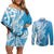 Hawaii Puakenikeni And Maile Lei Couples Matching Off Shoulder Short Dress and Long Sleeve Button Shirt Blue Polynesian Shark Tattoo DT05