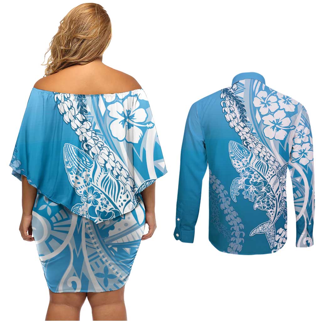 Hawaii Puakenikeni And Maile Lei Couples Matching Off Shoulder Short Dress and Long Sleeve Button Shirt Blue Polynesian Shark Tattoo DT05