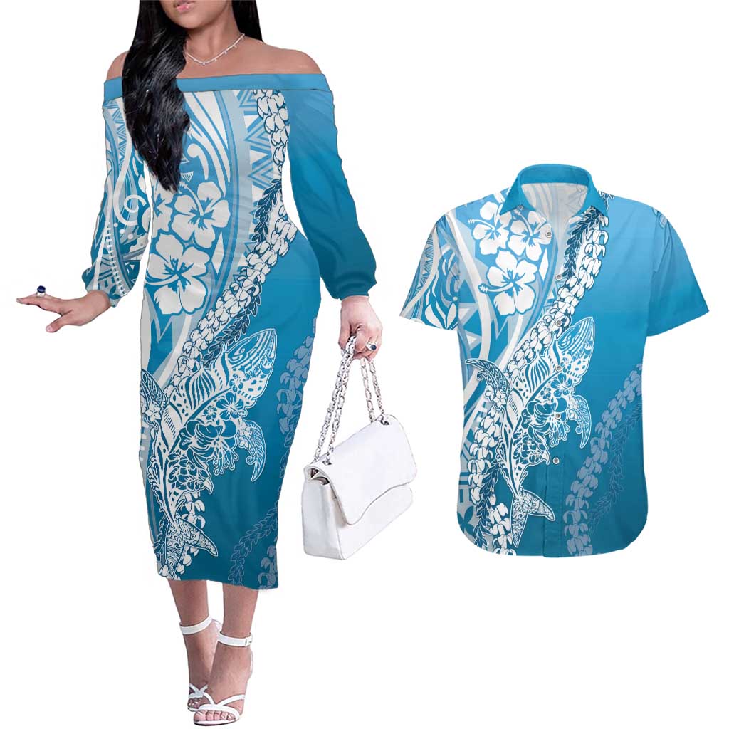 Hawaii Puakenikeni And Maile Lei Couples Matching Off The Shoulder Long Sleeve Dress and Hawaiian Shirt Blue Polynesian Shark Tattoo DT05