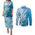 Hawaii Puakenikeni And Maile Lei Couples Matching Puletasi and Long Sleeve Button Shirt Blue Polynesian Shark Tattoo DT05