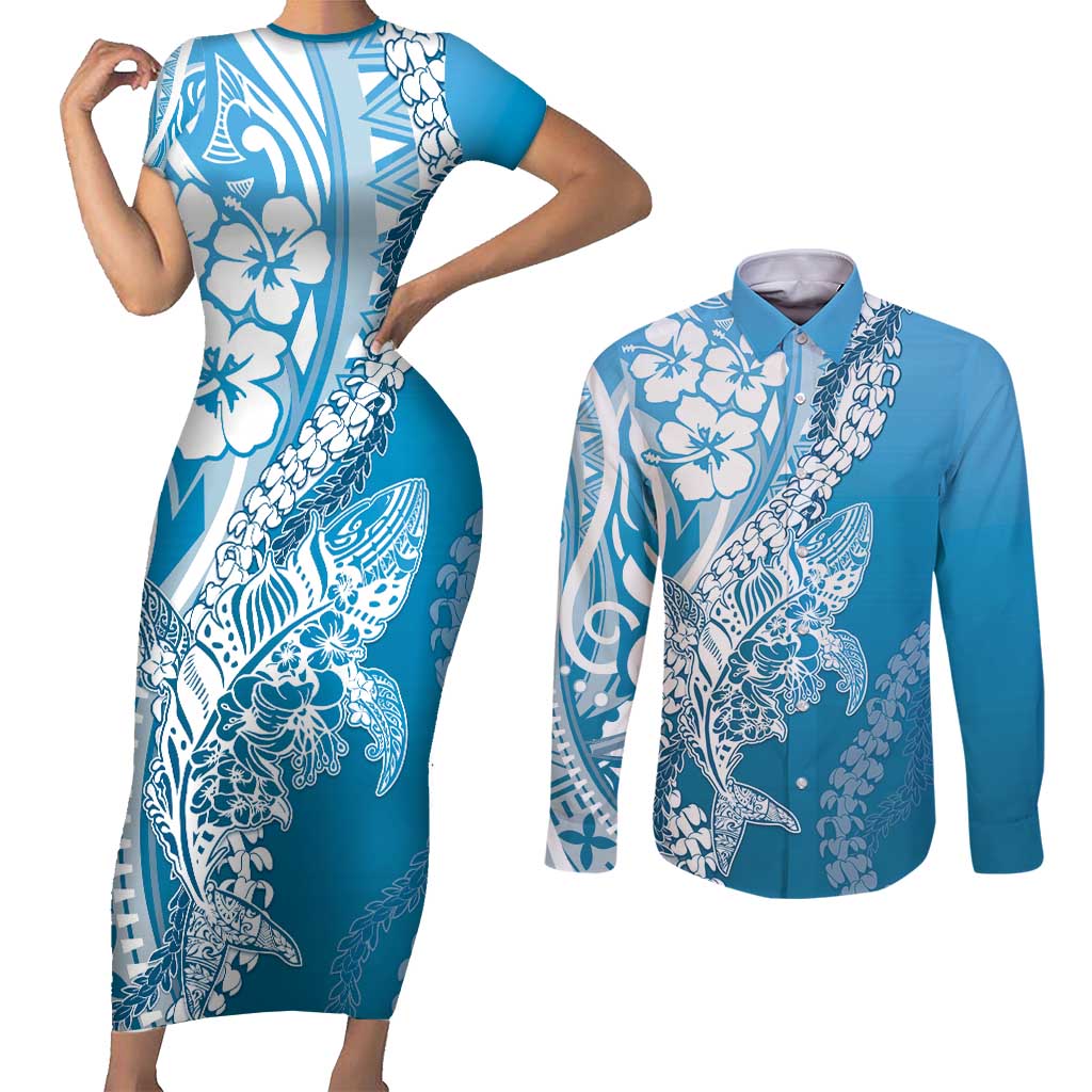 Hawaii Puakenikeni And Maile Lei Couples Matching Short Sleeve Bodycon Dress and Long Sleeve Button Shirt Blue Polynesian Shark Tattoo DT05