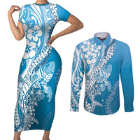 Hawaii Puakenikeni And Maile Lei Couples Matching Short Sleeve Bodycon Dress and Long Sleeve Button Shirt Blue Polynesian Shark Tattoo DT05