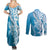 Hawaii Puakenikeni And Maile Lei Couples Matching Summer Maxi Dress and Long Sleeve Button Shirt Blue Polynesian Shark Tattoo DT05