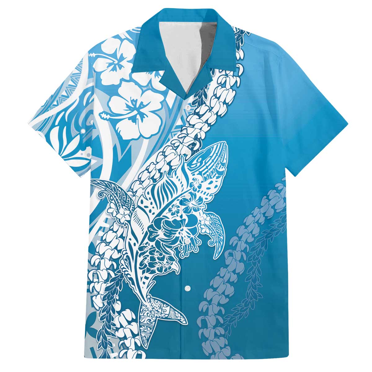 Hawaii Puakenikeni And Maile Lei Family Matching Off The Shoulder Long Sleeve Dress and Hawaiian Shirt Blue Polynesian Shark Tattoo DT05