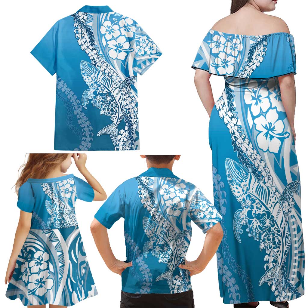 Hawaii Puakenikeni And Maile Lei Family Matching Off Shoulder Maxi Dress and Hawaiian Shirt Blue Polynesian Shark Tattoo DT05