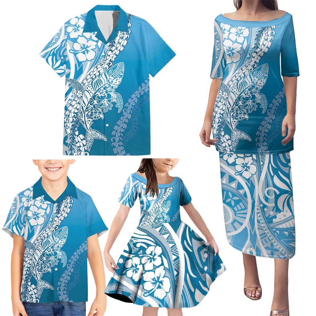 Hawaii Puakenikeni And Maile Lei Family Matching Puletasi and Hawaiian Shirt Blue Polynesian Shark Tattoo DT05