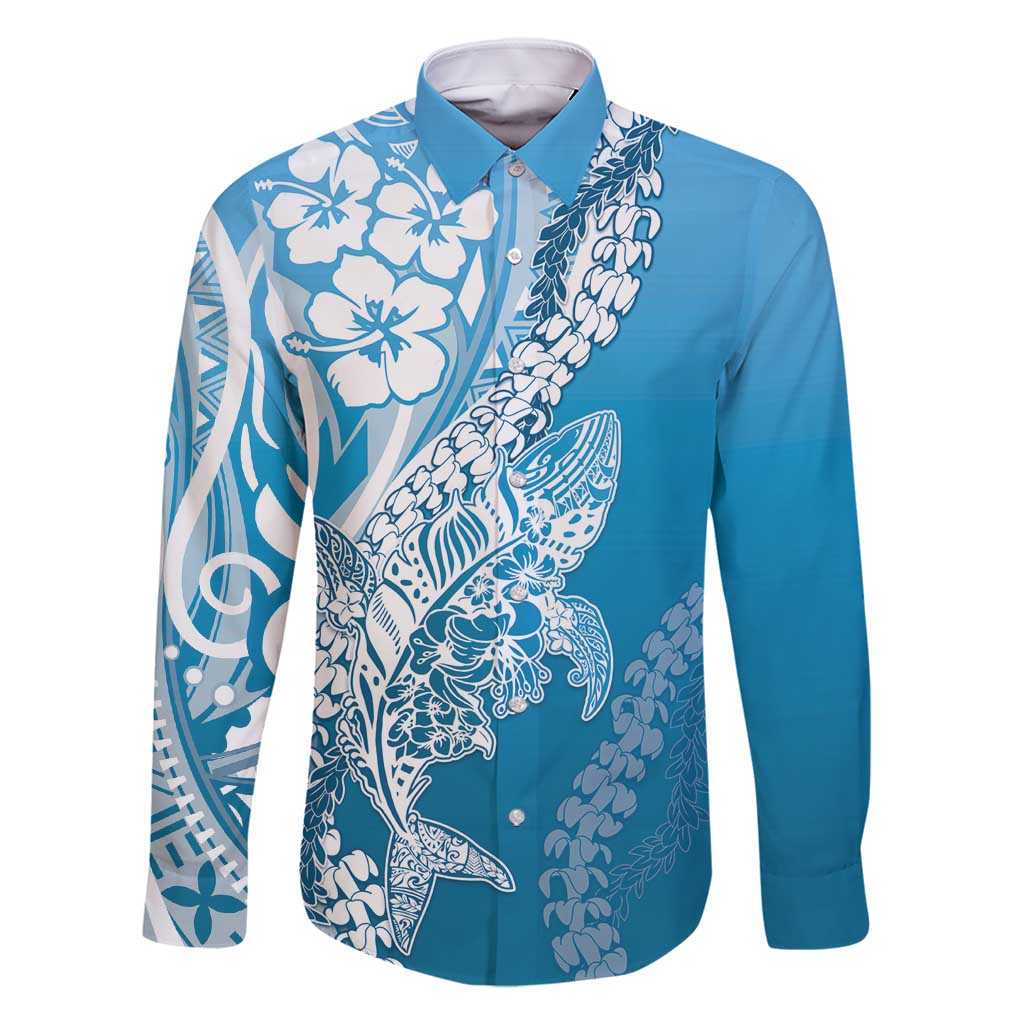 Hawaii Puakenikeni And Maile Lei Family Matching Summer Maxi Dress and Hawaiian Shirt Blue Polynesian Shark Tattoo DT05 Dad's Shirt - Long Sleeve Blue - Polynesian Pride