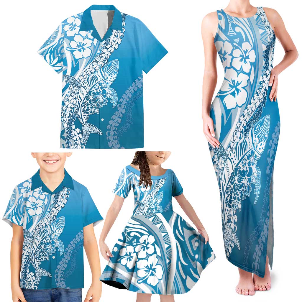 Hawaii Puakenikeni And Maile Lei Family Matching Tank Maxi Dress and Hawaiian Shirt Blue Polynesian Shark Tattoo DT05