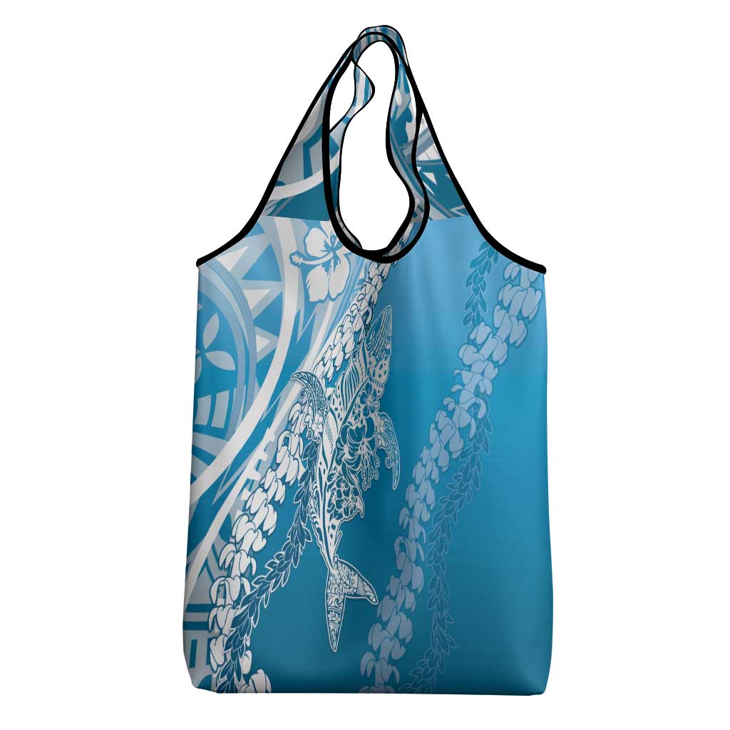 Hawaii Puakenikeni And Maile Lei Grocery Bag Blue Polynesian Shark Tattoo DT05