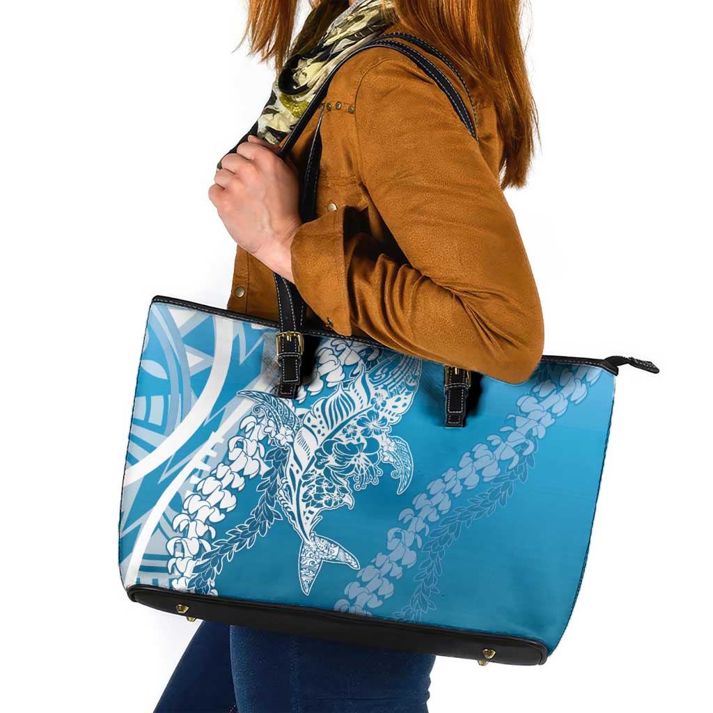 Hawaii Puakenikeni And Maile Lei Leather Tote Bag Blue Polynesian Shark Tattoo DT05