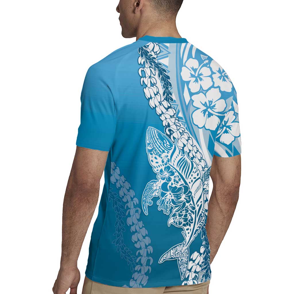 Hawaii Puakenikeni And Maile Lei Rugby Jersey Blue Polynesian Shark Tattoo DT05