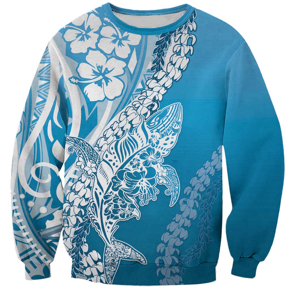 Hawaii Puakenikeni And Maile Lei Sweatshirt Blue Polynesian Shark Tattoo DT05