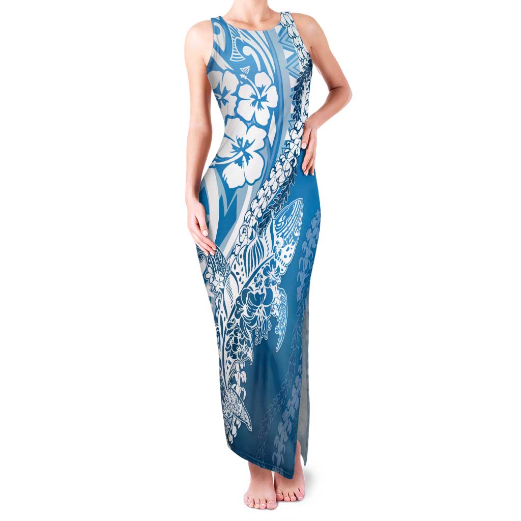 Hawaii Puakenikeni And Maile Lei Tank Maxi Dress Blue Polynesian Shark Tattoo DT05