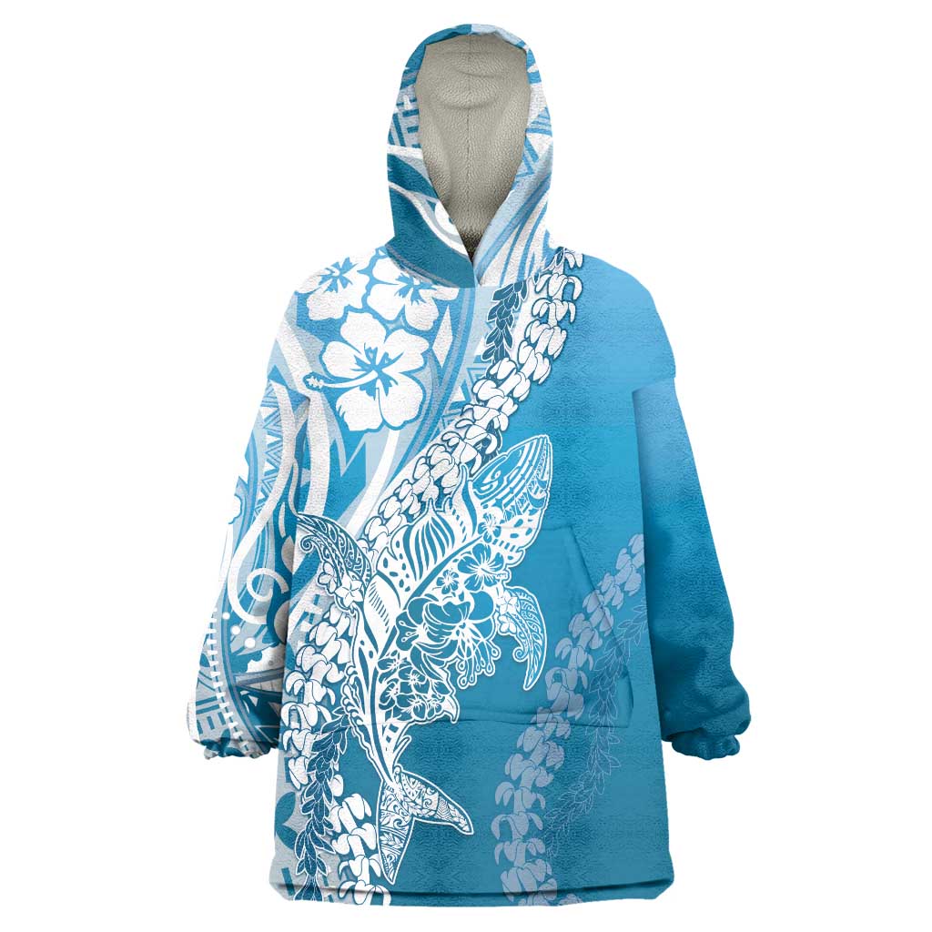Hawaii Puakenikeni And Maile Lei Wearable Blanket Hoodie Blue Polynesian Shark Tattoo DT05 One Size Blue - Polynesian Pride