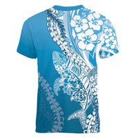 Hawaii Puakenikeni And Maile Lei Women V-Neck T-Shirt Blue Polynesian Shark Tattoo DT05