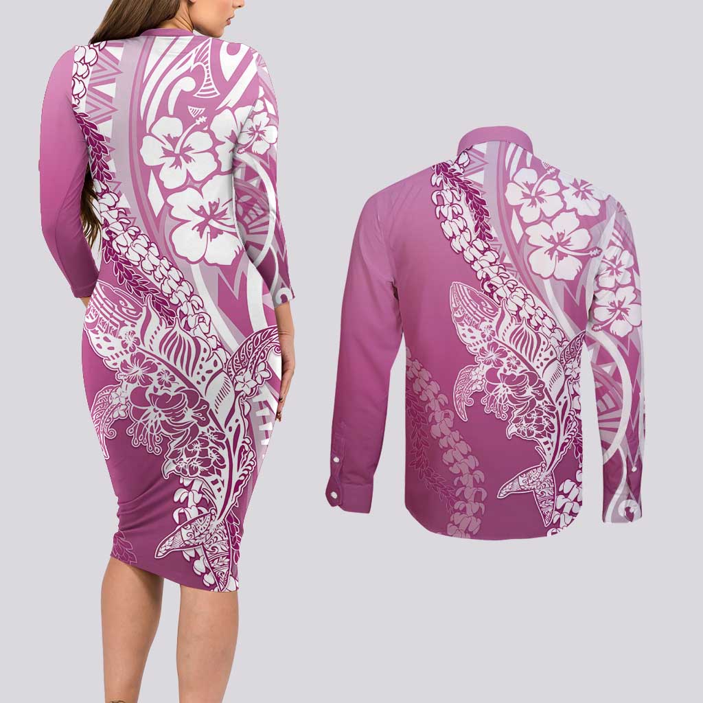 Hawaii Puakenikeni And Maile Lei Couples Matching Long Sleeve Bodycon Dress and Long Sleeve Button Shirt Pink Polynesian Shark Tattoo DT05