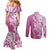 Hawaii Puakenikeni And Maile Lei Couples Matching Mermaid Dress and Long Sleeve Button Shirt Pink Polynesian Shark Tattoo DT05