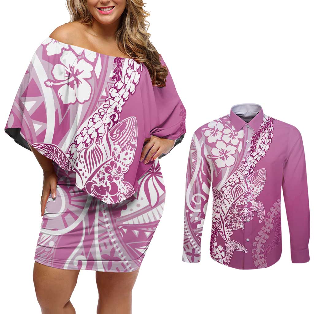Hawaii Puakenikeni And Maile Lei Couples Matching Off Shoulder Short Dress and Long Sleeve Button Shirt Pink Polynesian Shark Tattoo DT05