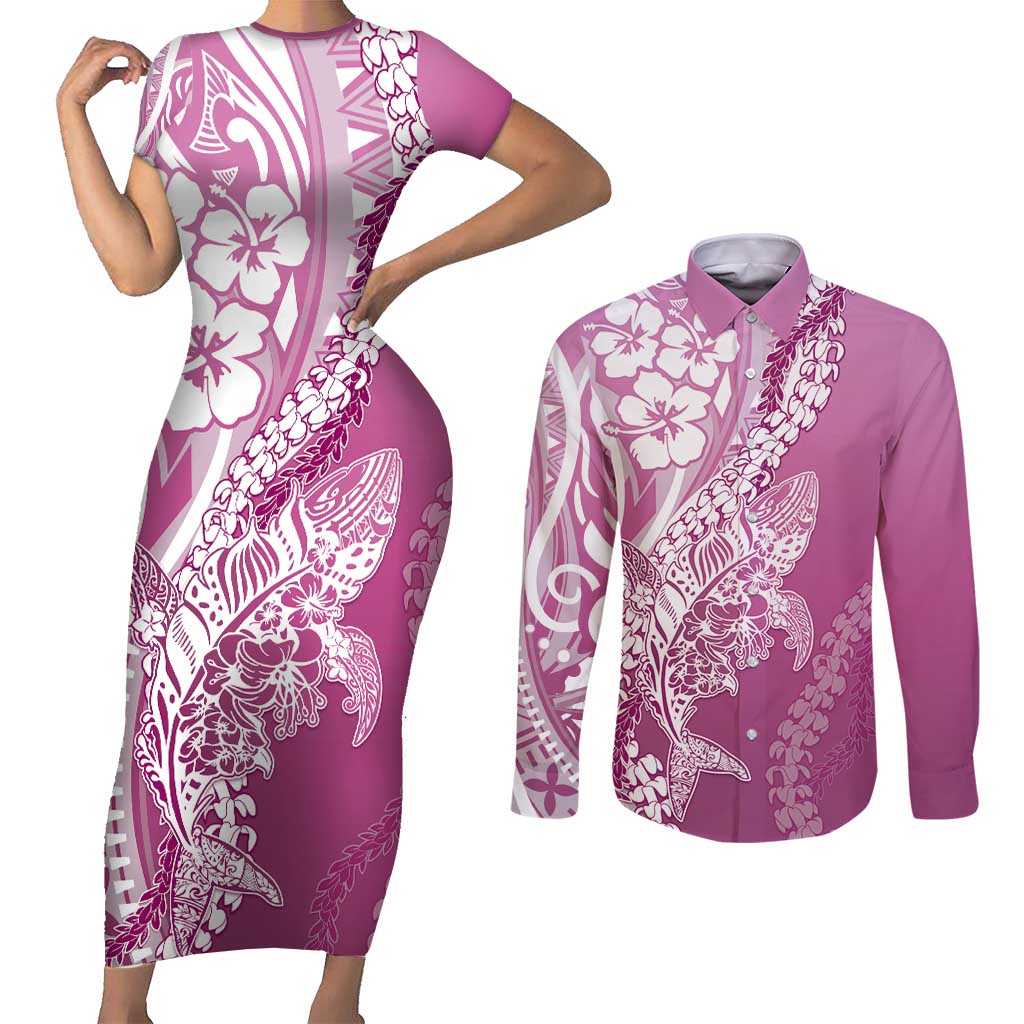 Hawaii Puakenikeni And Maile Lei Couples Matching Short Sleeve Bodycon Dress and Long Sleeve Button Shirt Pink Polynesian Shark Tattoo DT05