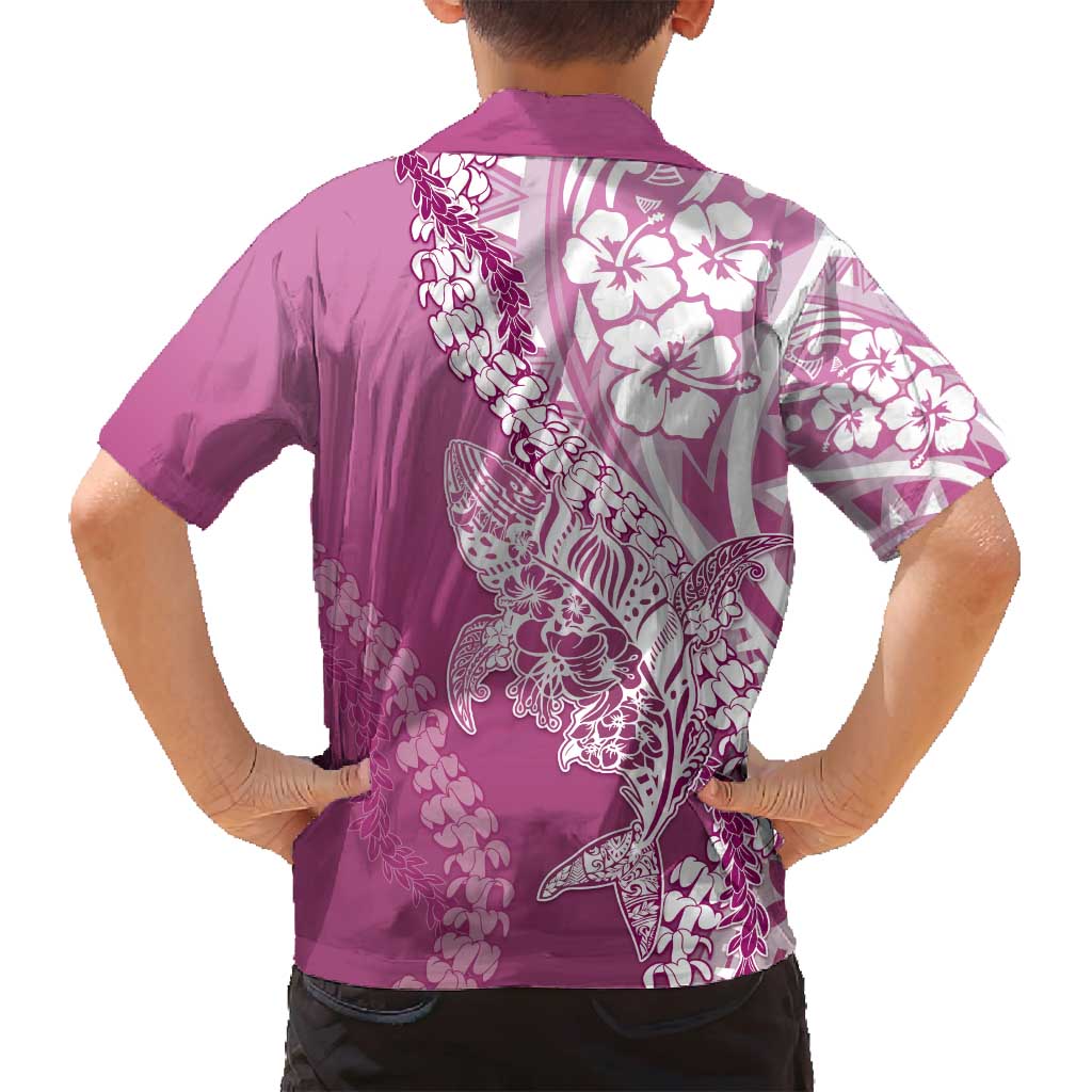 Hawaii Puakenikeni And Maile Lei Family Matching Long Sleeve Bodycon Dress and Hawaiian Shirt Pink Polynesian Shark Tattoo DT05