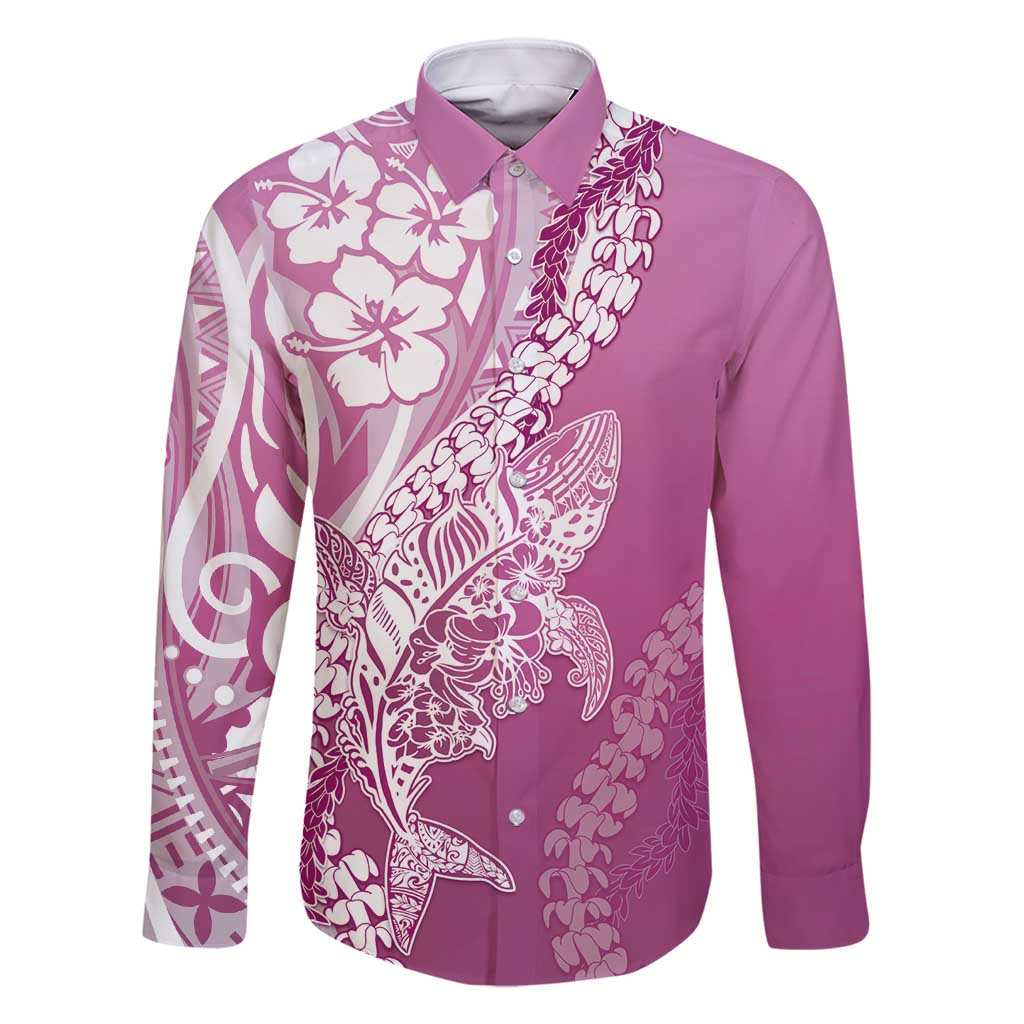 Hawaii Puakenikeni And Maile Lei Family Matching Mermaid Dress and Hawaiian Shirt Pink Polynesian Shark Tattoo DT05 Dad's Shirt - Long Sleeve Pink - Polynesian Pride
