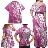 Hawaii Puakenikeni And Maile Lei Family Matching Off Shoulder Maxi Dress and Hawaiian Shirt Pink Polynesian Shark Tattoo DT05
