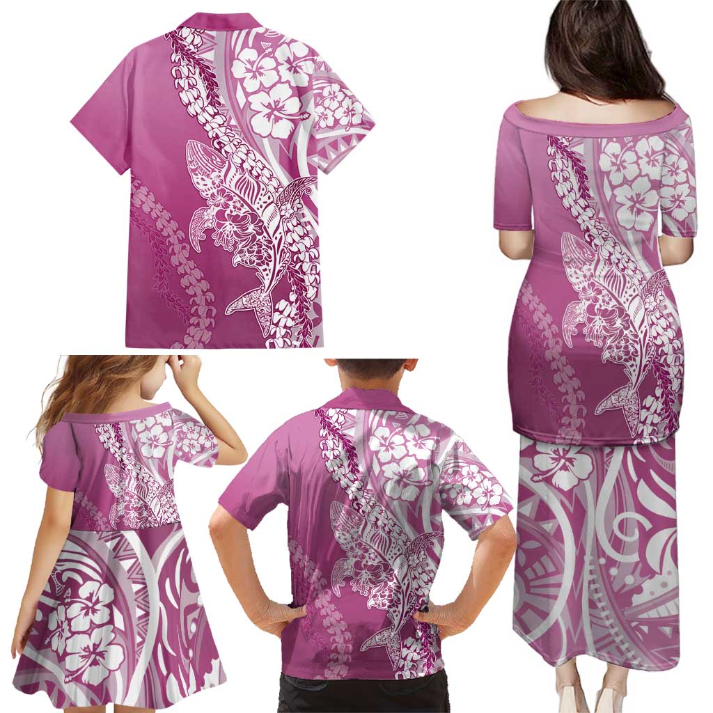 Hawaii Puakenikeni And Maile Lei Family Matching Puletasi and Hawaiian Shirt Pink Polynesian Shark Tattoo DT05