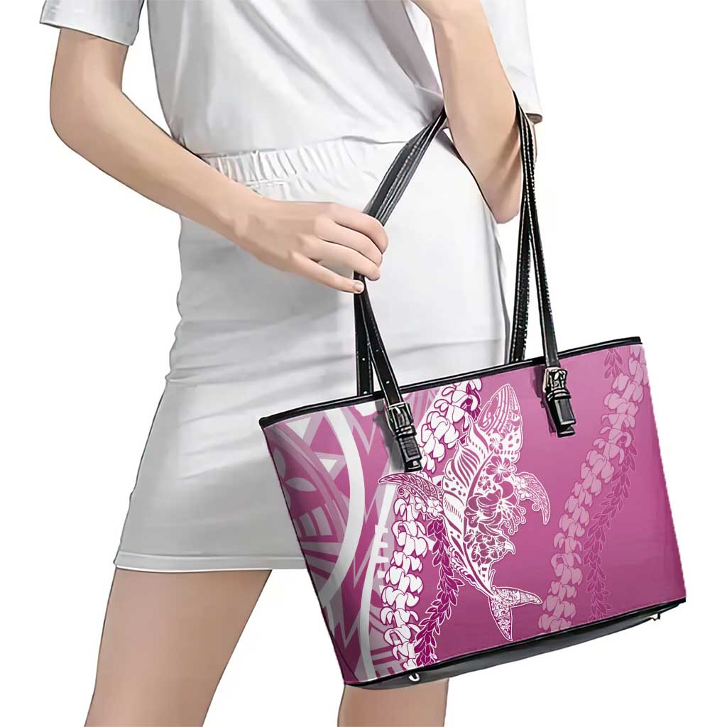 Hawaii Puakenikeni And Maile Lei Leather Tote Bag Pink Polynesian Shark Tattoo DT05