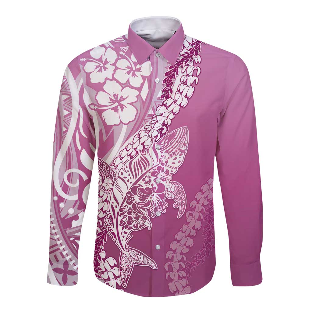 Hawaii Puakenikeni And Maile Lei Long Sleeve Button Shirt Pink Polynesian Shark Tattoo DT05