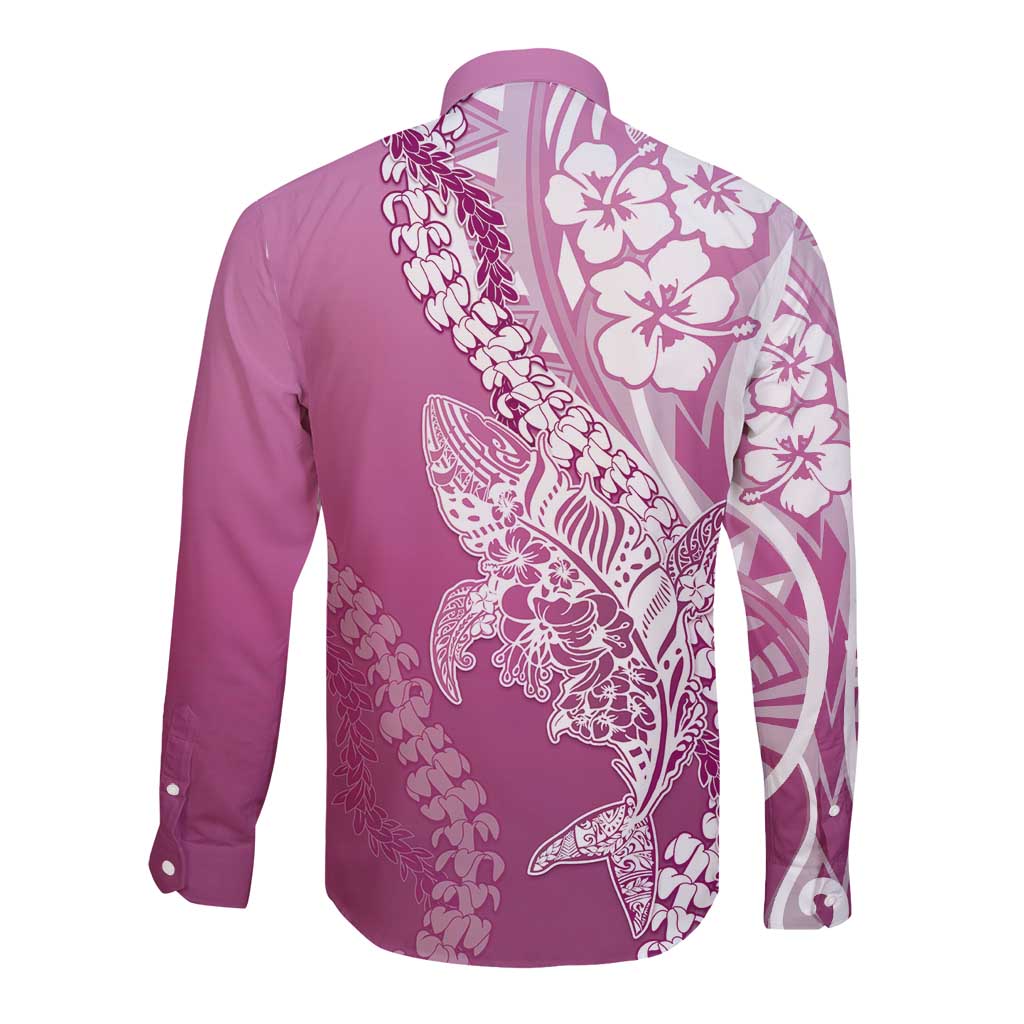 Hawaii Puakenikeni And Maile Lei Long Sleeve Button Shirt Pink Polynesian Shark Tattoo DT05