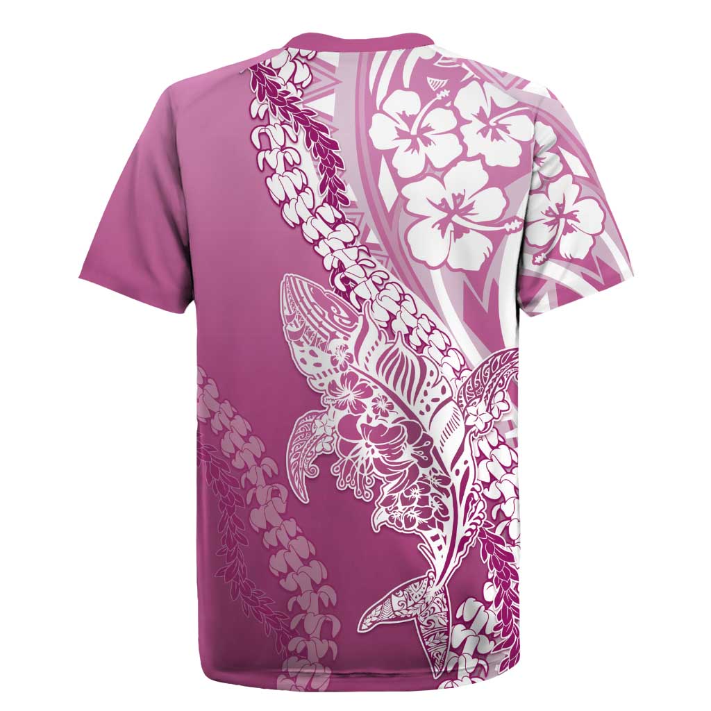 Hawaii Puakenikeni And Maile Lei Rugby Jersey Pink Polynesian Shark Tattoo DT05