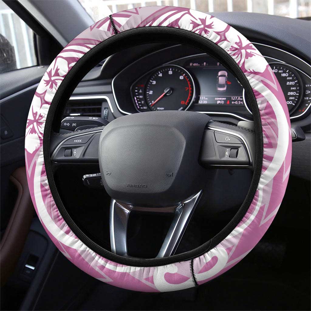 Hawaii Puakenikeni And Maile Lei Steering Wheel Cover Pink Polynesian Shark Tattoo DT05