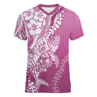 Hawaii Puakenikeni And Maile Lei Women V-Neck T-Shirt Pink Polynesian Shark Tattoo DT05