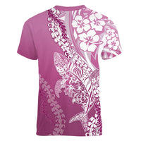 Hawaii Puakenikeni And Maile Lei Women V-Neck T-Shirt Pink Polynesian Shark Tattoo DT05