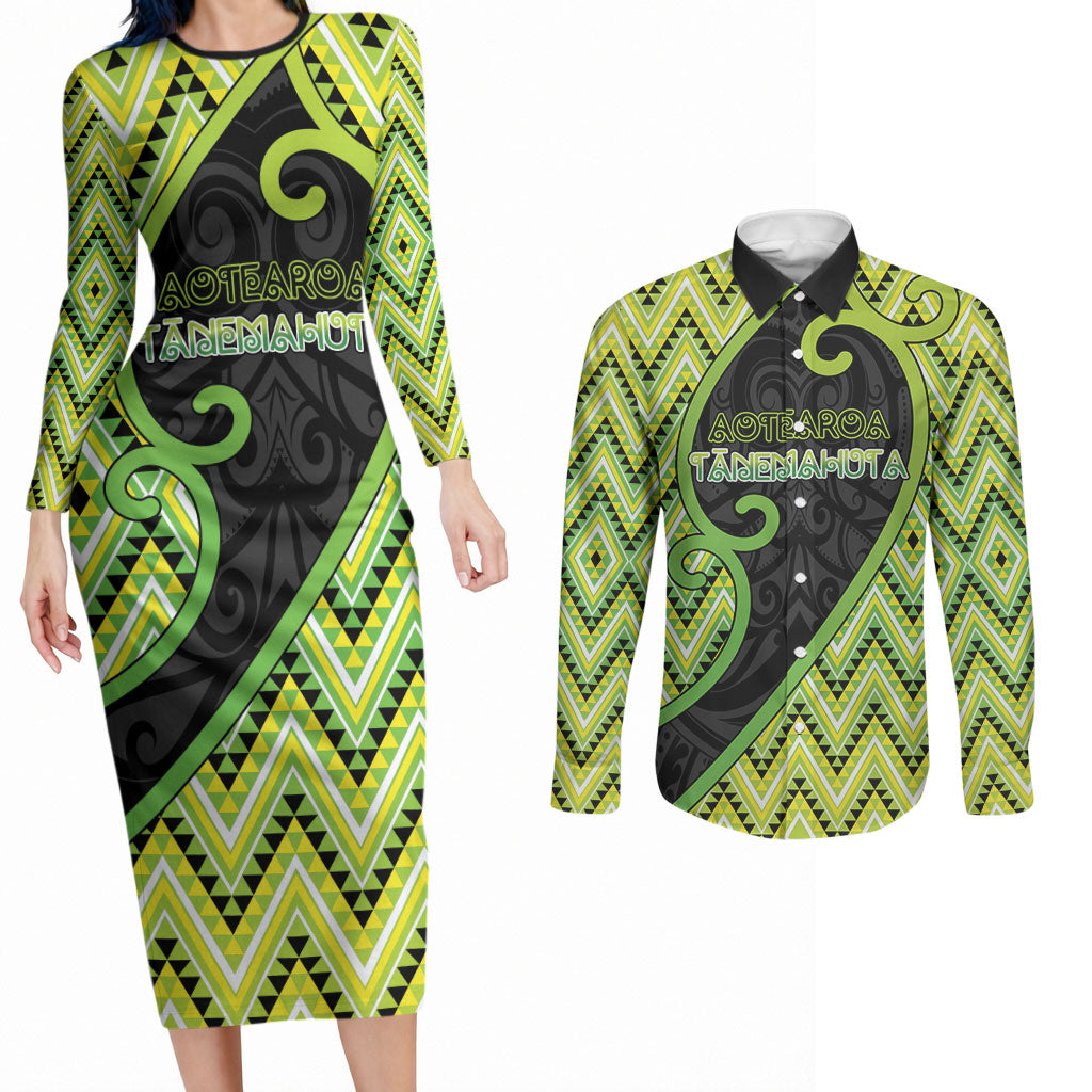 Custom Aotearoa Atua Tanemahuta Couples Matching Long Sleeve Bodycon Dress and Long Sleeve Button Shirt God Of Forests Koru Patterns Koru Patterns