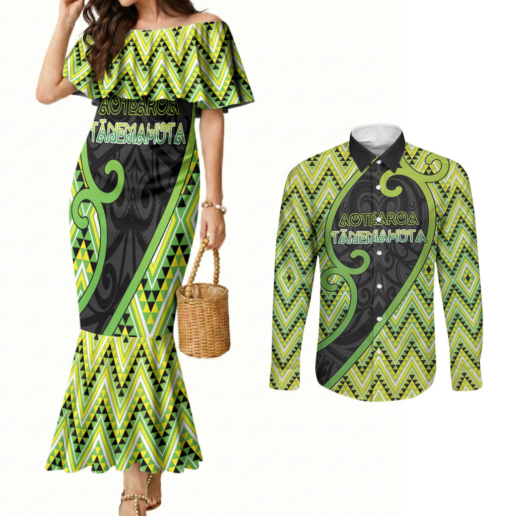 Custom Aotearoa Atua Tanemahuta Couples Matching Mermaid Dress and Long Sleeve Button Shirt God Of Forests Koru Patterns Koru Patterns
