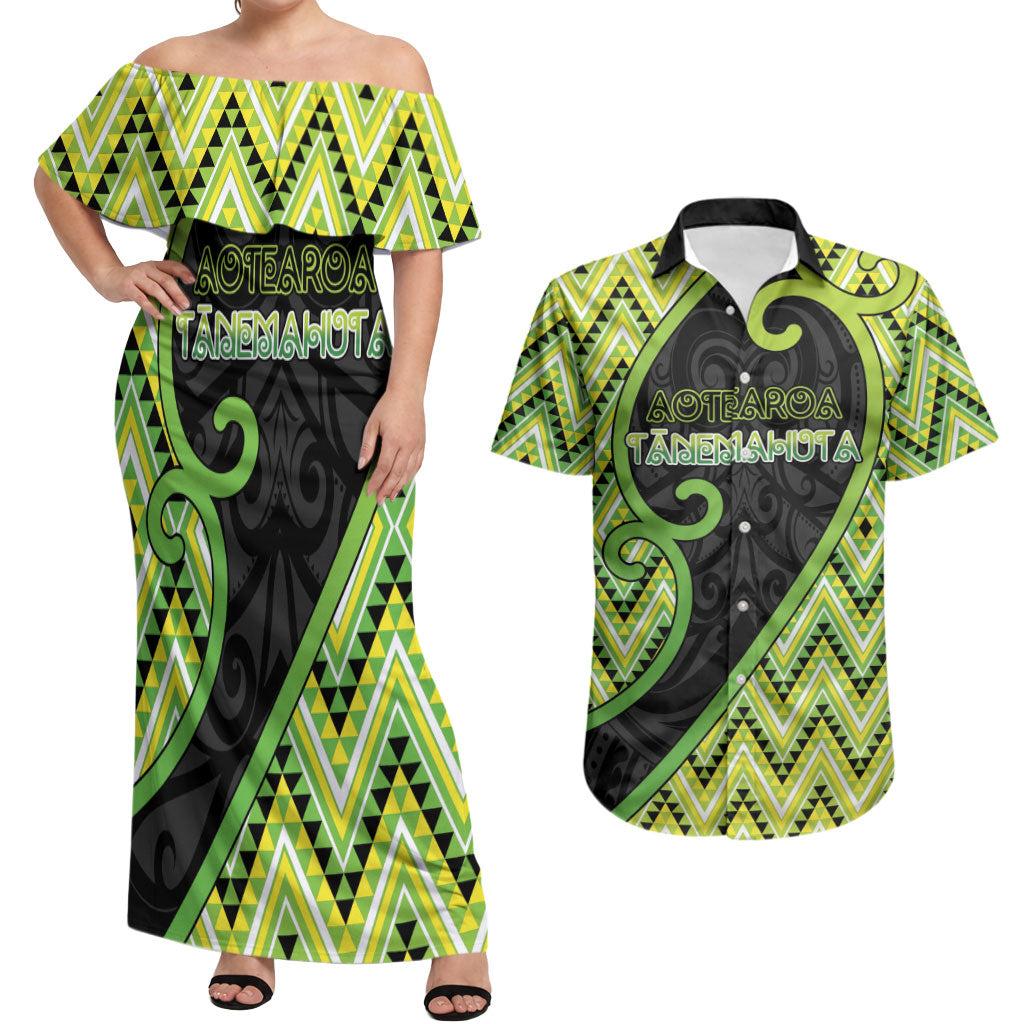 Custom Aotearoa Atua Tanemahuta Couples Matching Off Shoulder Maxi Dress and Hawaiian Shirt God Of Forests Koru Patterns Koru Patterns