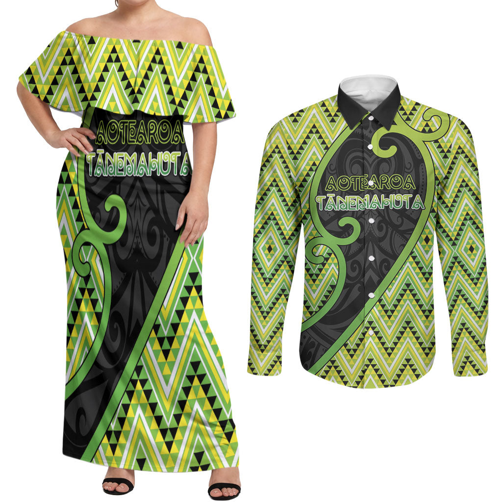 Custom Aotearoa Atua Tanemahuta Couples Matching Off Shoulder Maxi Dress and Long Sleeve Button Shirt God Of Forests Koru Patterns Koru Patterns