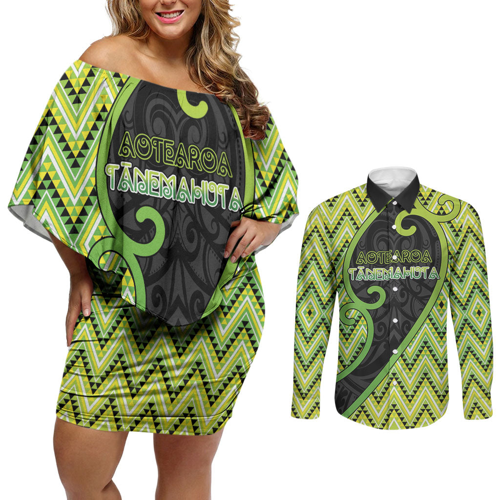 Custom Aotearoa Atua Tanemahuta Couples Matching Off Shoulder Short Dress and Long Sleeve Button Shirt God Of Forests Koru Patterns Koru Patterns