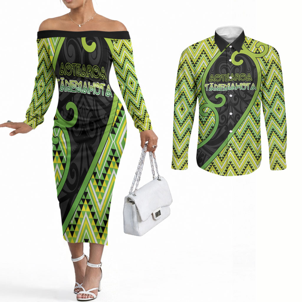Custom Aotearoa Atua Tanemahuta Couples Matching Off The Shoulder Long Sleeve Dress and Long Sleeve Button Shirt God Of Forests Koru Patterns Koru Patterns