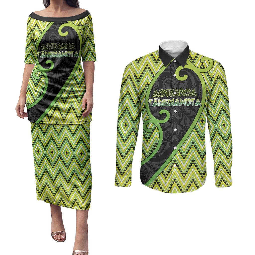 Custom Aotearoa Atua Tanemahuta Couples Matching Puletasi and Long Sleeve Button Shirt God Of Forests Koru Patterns Koru Patterns
