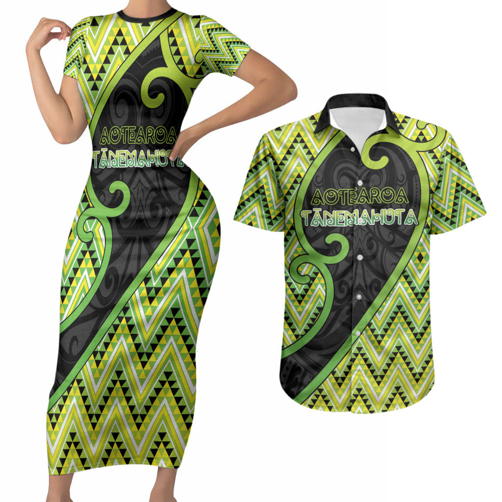 Custom Aotearoa Atua Tanemahuta Couples Matching Short Sleeve Bodycon Dress and Hawaiian Shirt God Of Forests Koru Patterns Koru Patterns