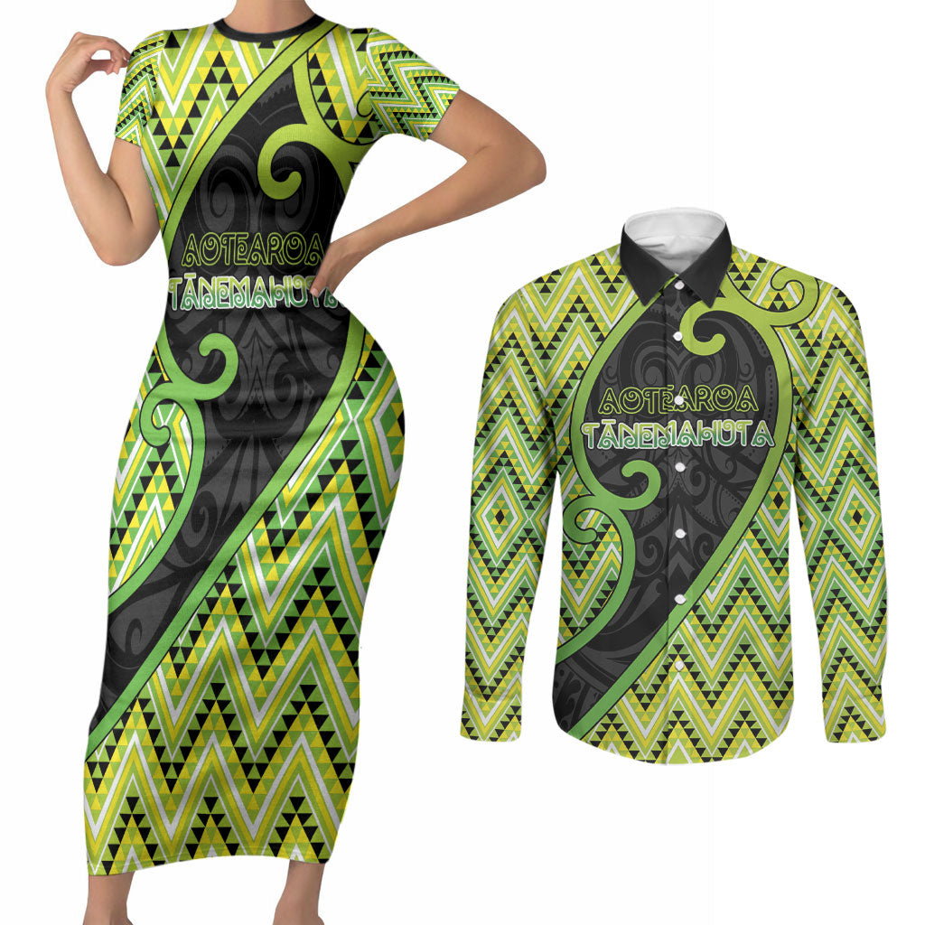 Custom Aotearoa Atua Tanemahuta Couples Matching Short Sleeve Bodycon Dress and Long Sleeve Button Shirt God Of Forests Koru Patterns Koru Patterns