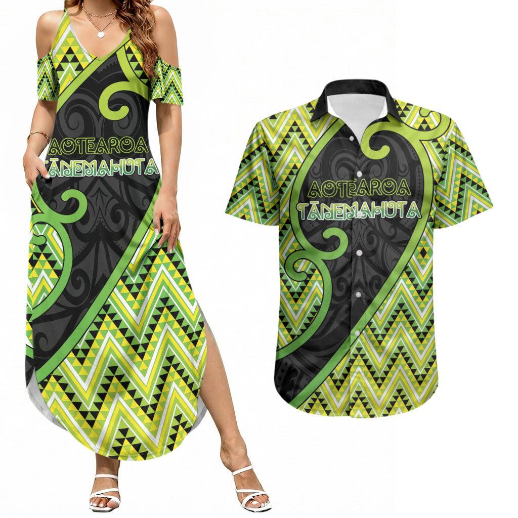Custom Aotearoa Atua Tanemahuta Couples Matching Summer Maxi Dress and Hawaiian Shirt God Of Forests Koru Patterns Koru Patterns