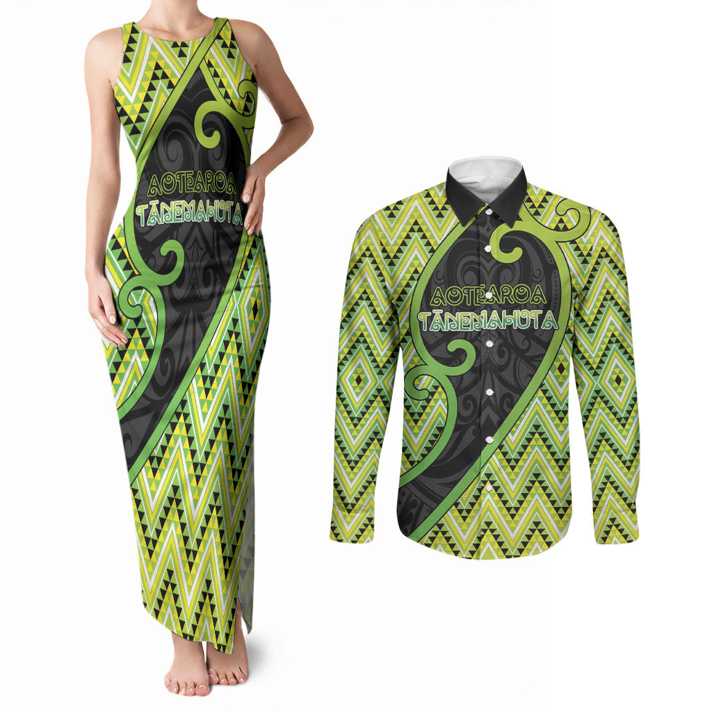 Custom Aotearoa Atua Tanemahuta Couples Matching Tank Maxi Dress and Long Sleeve Button Shirt God Of Forests Koru Patterns Koru Patterns