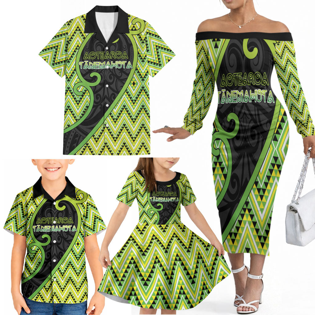 Custom Aotearoa Atua Tanemahuta Family Matching Off The Shoulder Long Sleeve Dress and Hawaiian Shirt God Of Forests Koru Patterns Koru Patterns