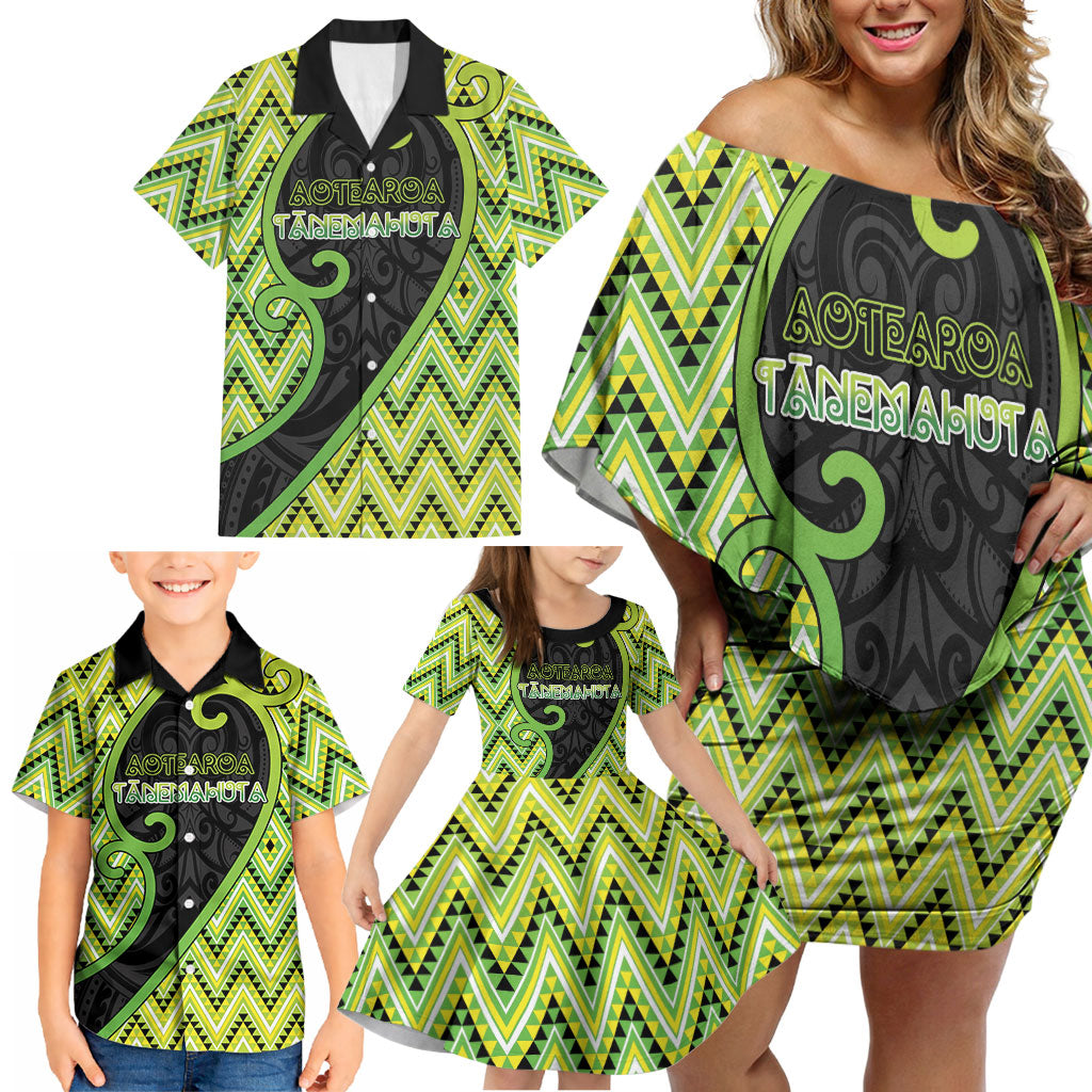 Custom Aotearoa Atua Tanemahuta Family Matching Off Shoulder Short Dress and Hawaiian Shirt God Of Forests Koru Patterns Koru Patterns