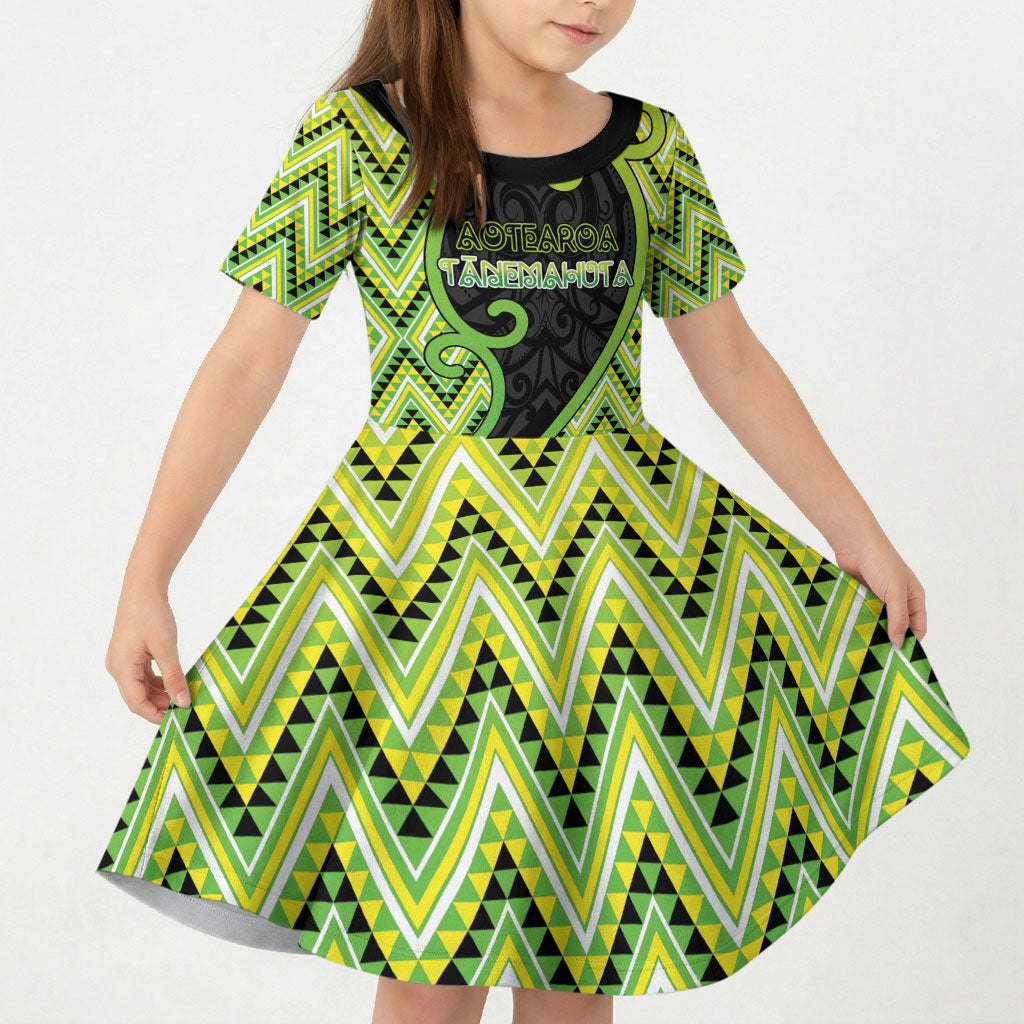 Custom Aotearoa Atua Tanemahuta Kid Short Sleeve Dress God Of Forests Koru Patterns Koru Patterns