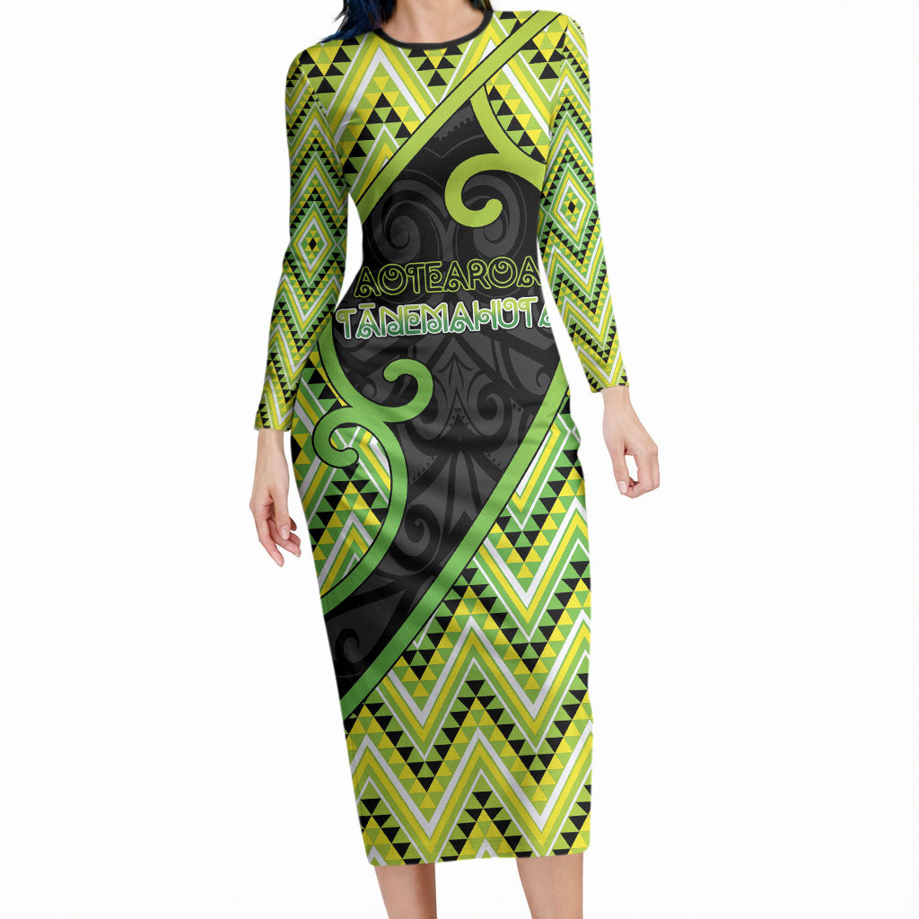 Custom Aotearoa Atua Tanemahuta Long Sleeve Bodycon Dress God Of Forests Koru Patterns Koru Patterns