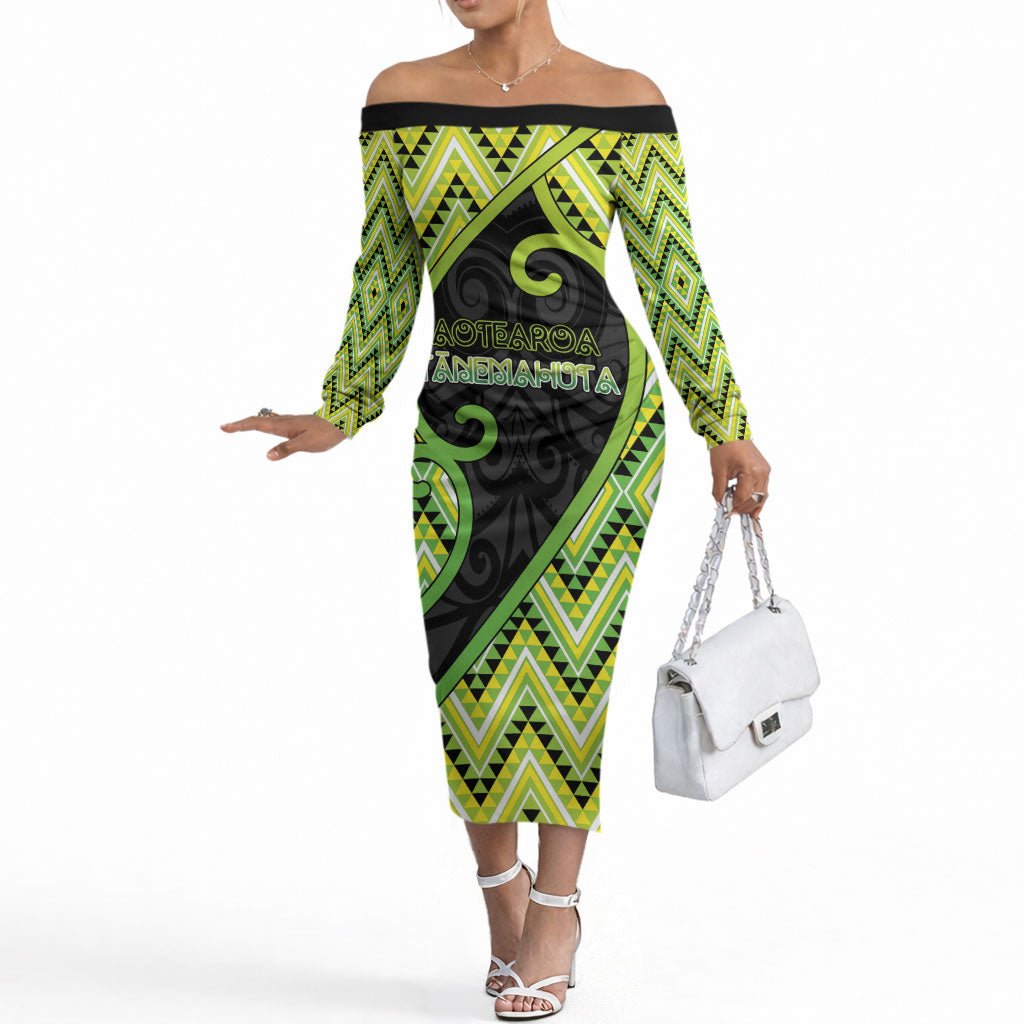 Custom Aotearoa Atua Tanemahuta Off The Shoulder Long Sleeve Dress God Of Forests Koru Patterns Koru Patterns